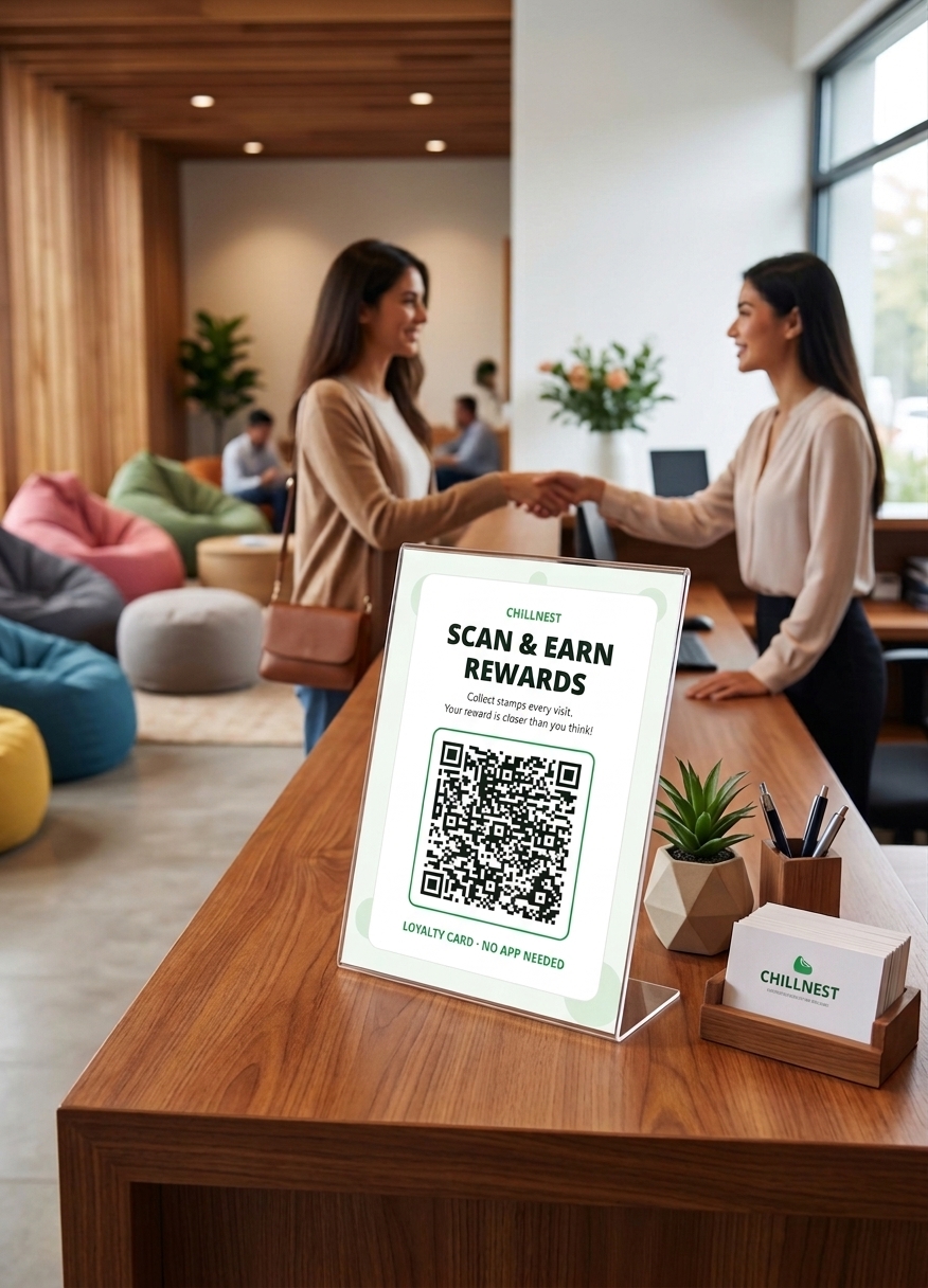 rtnflw QR stand placed on a café counter