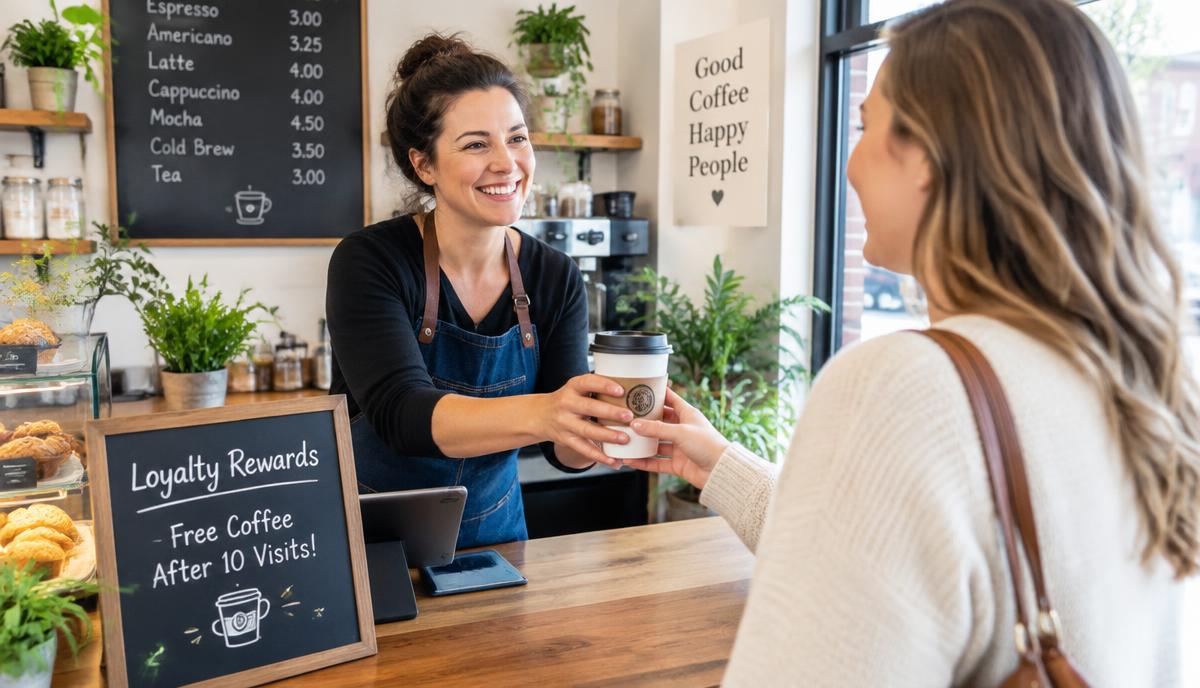 Shop owner handing a free reward coffee to a smiling regular customer
